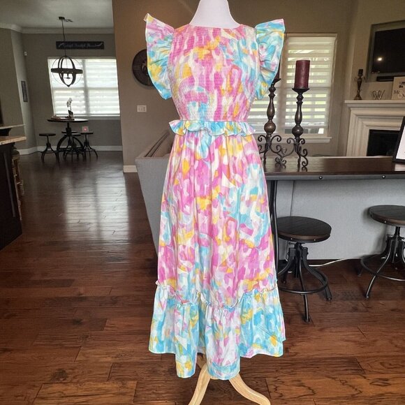 Peach Love California Dresses & Skirts - NWT Peach Love Dress Size Small Pink Blue White Floral Smocked Ruffle Maxi Midi